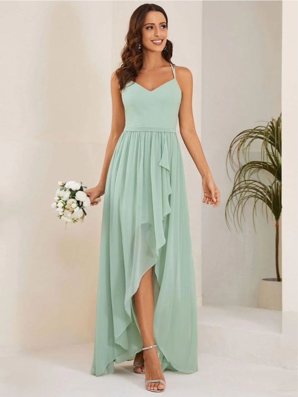 Ever Pretty Mint Green High-Low Spaghetti Strap Maxi Dress